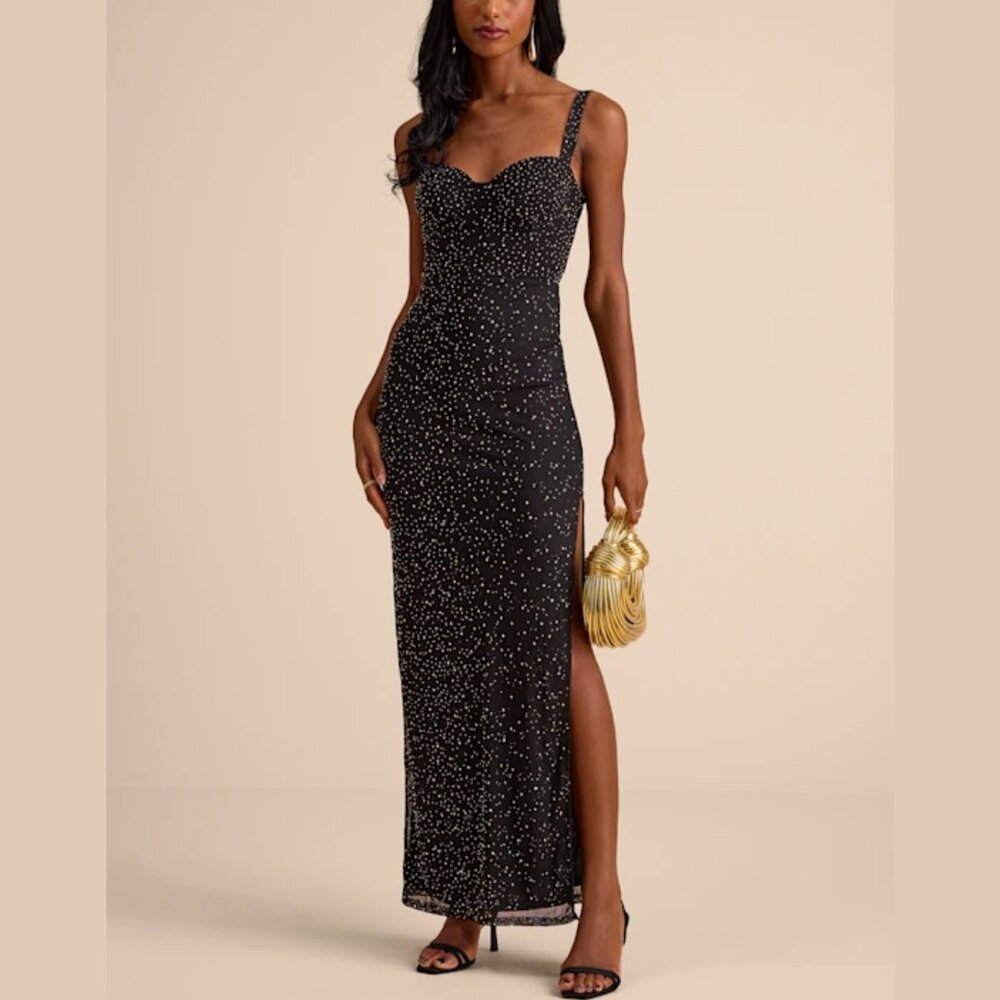 Lulus Black Rhinestone Maxi Dress Small New With Tags Missing Some Rhinestones